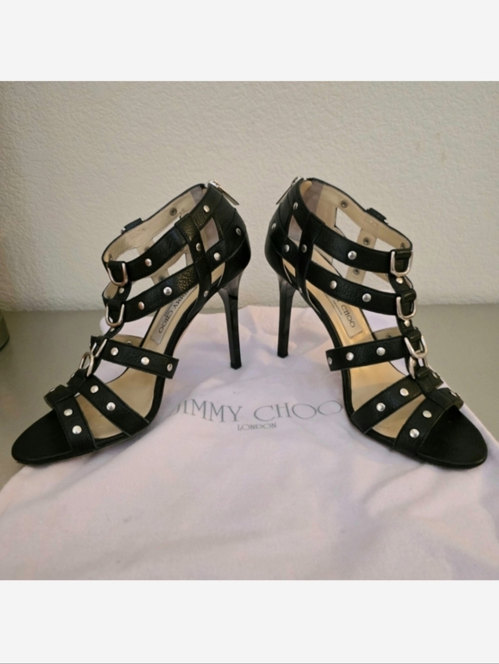 Jimmy Choo Black Leather Silver Studded Strappy Stiletto Heels EU 39, Fits US 8 - Picture 4 of 13